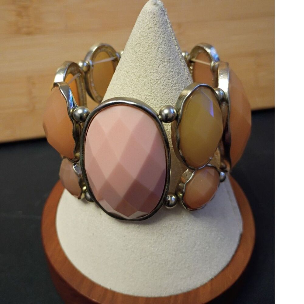 Vintage Bold Bracelet Melon Color Cabochons in Gold Tone Statement Stretchy Cuff
